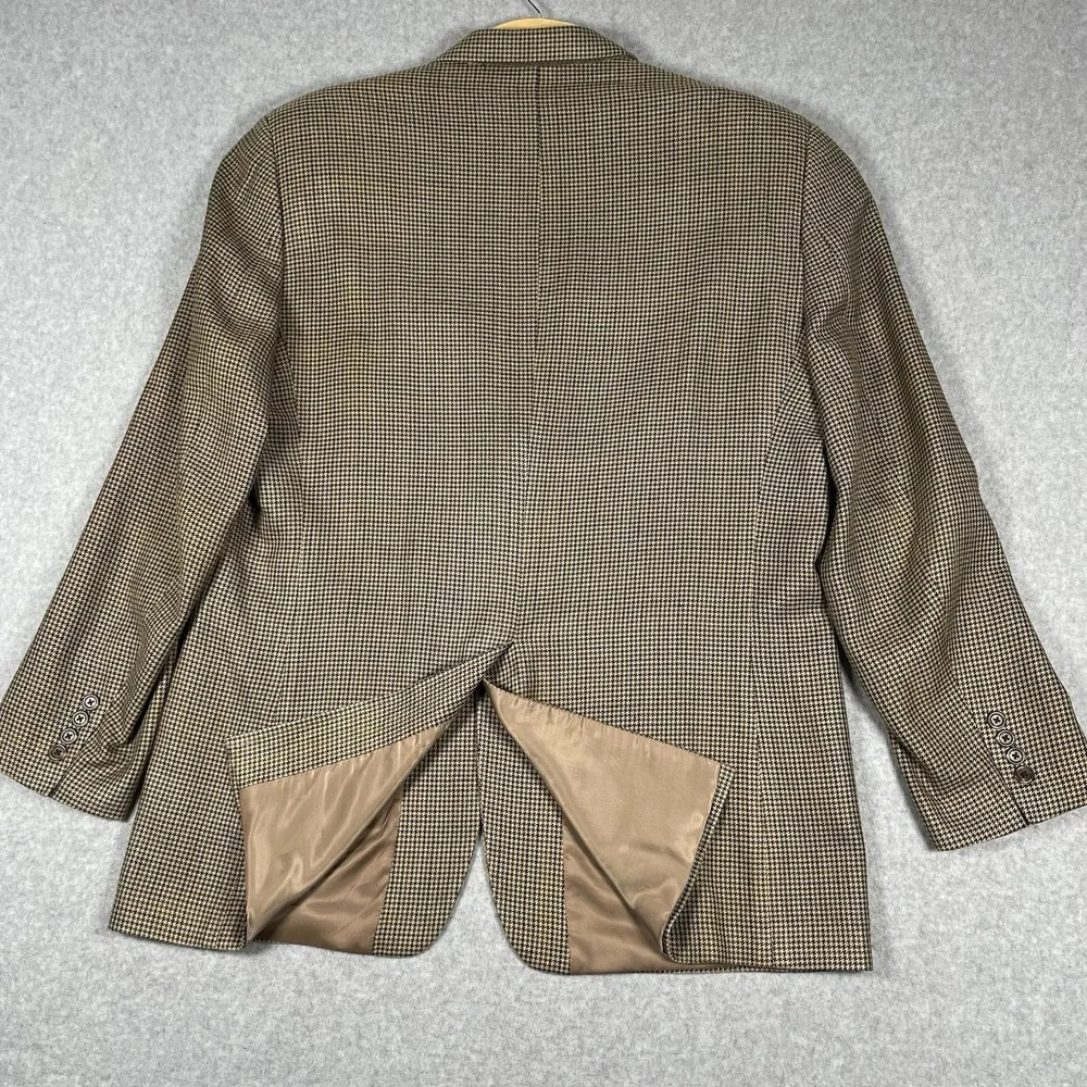 Men's Chaps Ralph Lauren 100% Silk Tan Houndstooth 2-Button 44L‎ Blazer Jacket